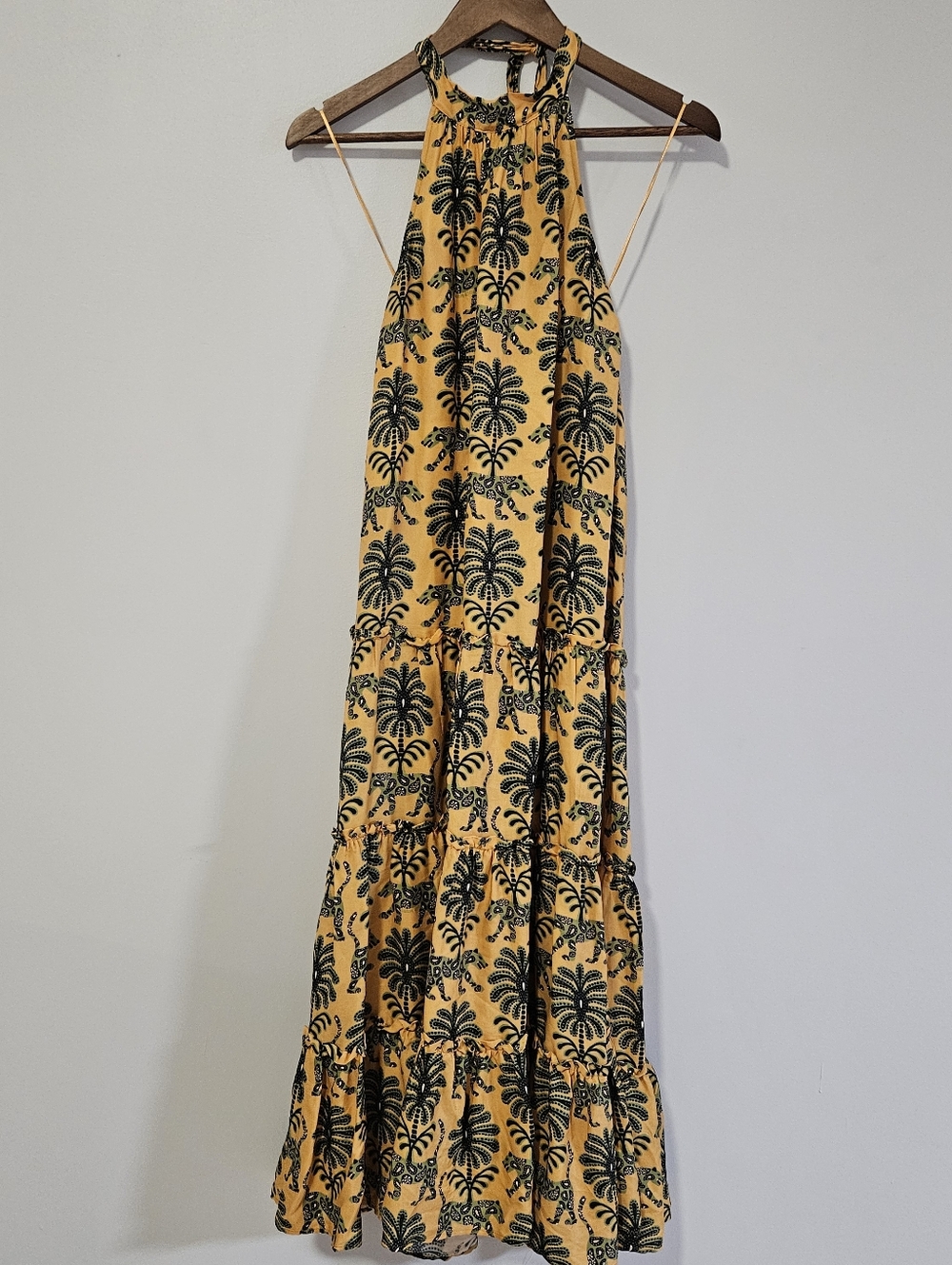 Anthropologie Farm Rio Satin Halter Dress Size XS Petite Gold Animal Floral - Picture 4 of 9